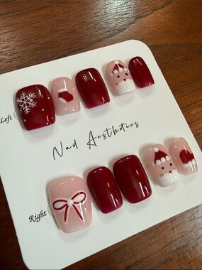 Holiday Red & Pink Press-On Nails with Santa and Snowflake Design handmade